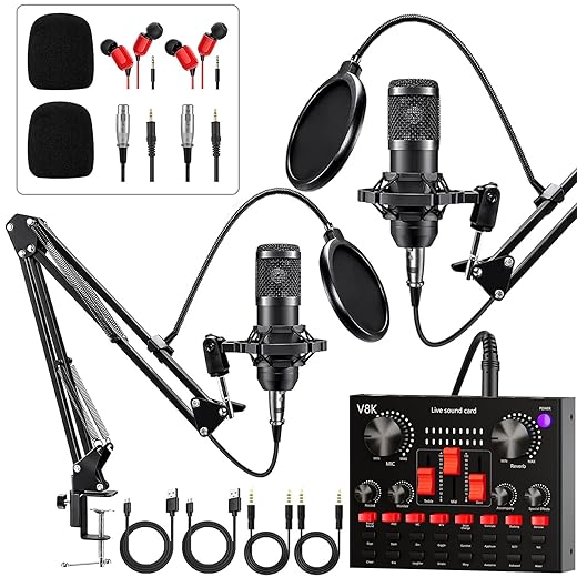Podcast Equipment Bundle for 2, Audio Interface with Voice Changer Condenser Microphone for Gamer, All-in-One Audio Mixer Perfect for Live Streaming, Singing, YouTube, Gaming