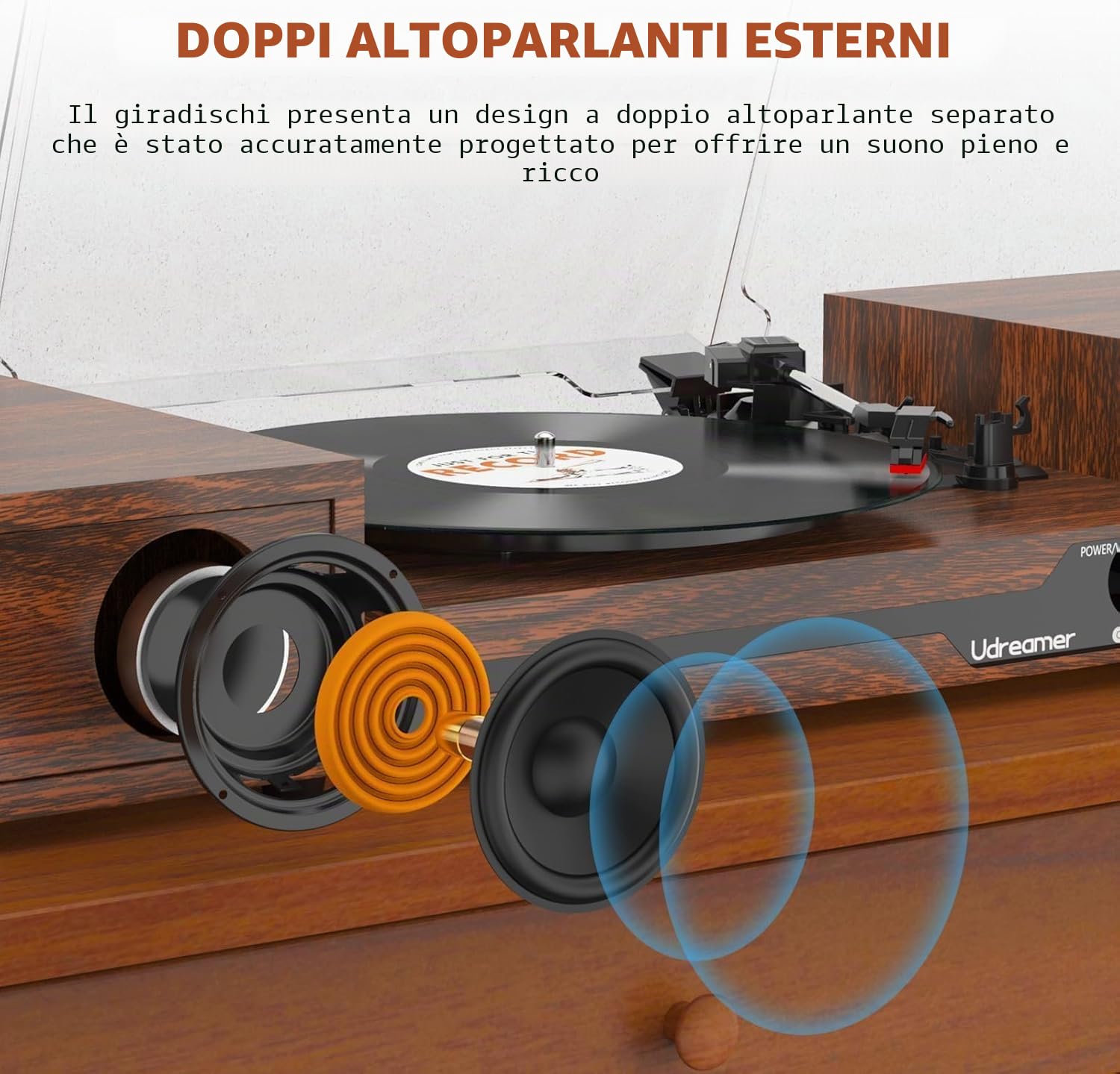 Udreamer Giradischi con 2 altoparlanti stereo doppio, giradischi vintage Bluetooth 5.3 supporta 3 velocità, AUX-In, RCA Line, USB, riproduzione wireless, noce