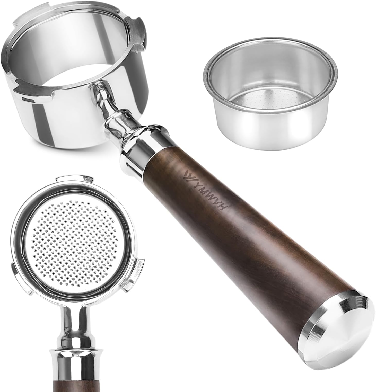 51mm Bottomless Portafilter 3 Ears, YMWVH Professional Espresso Portafilter 51mm for De-longhi EC680, EC685 & EC885 Espresso Machine, Stainless Steel Basket and Walnut Handle