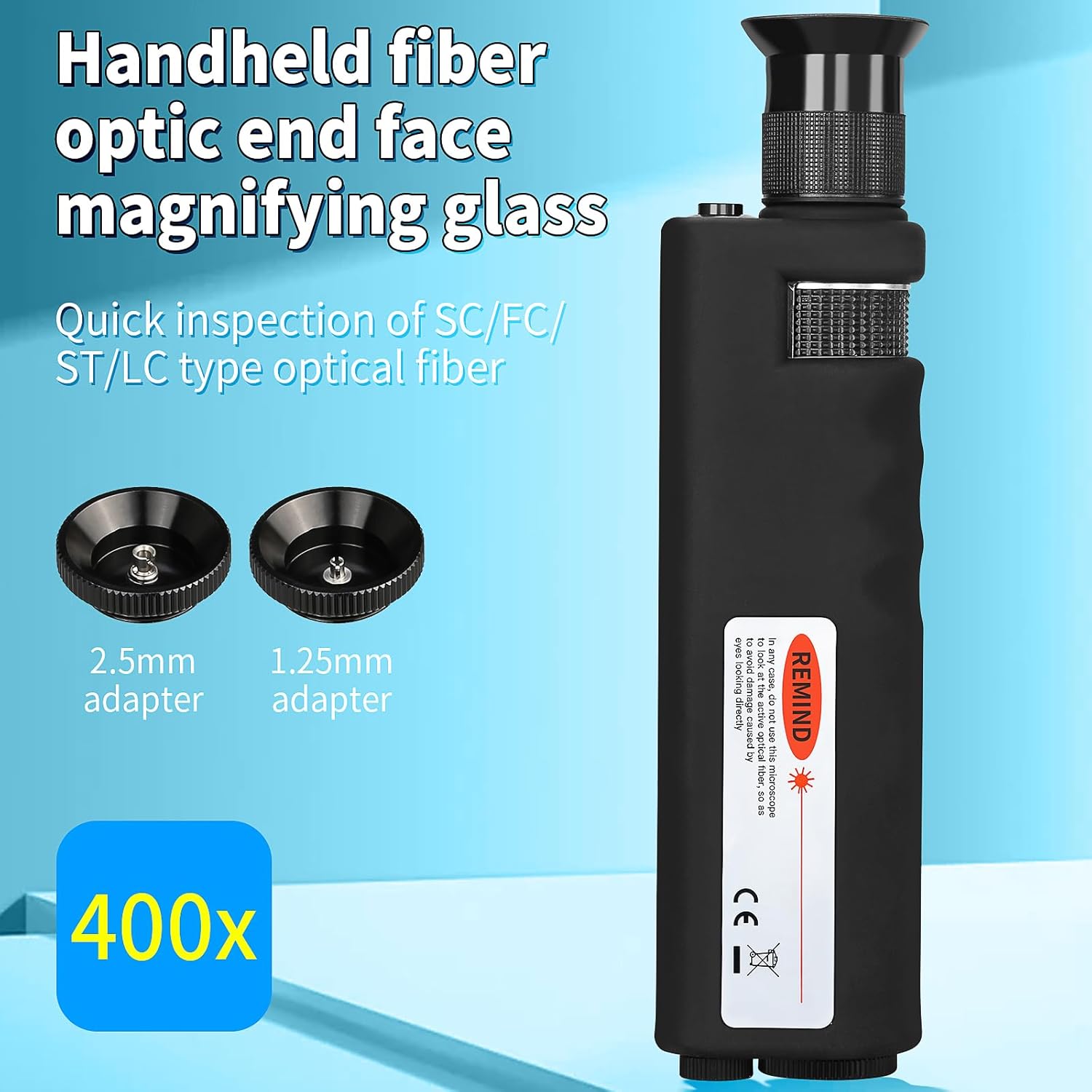 3-Piece Fiber Optic Cleaning Tool 400X Fiber Optic Microscope with 2.5mm SC/FC/ST and 1.25mm LC adapters, Belt 2.5mm/1.25mm Fiber Optic Cleaning Cotton Swab Suitable for SC/FC/ST/LC/MU adapters