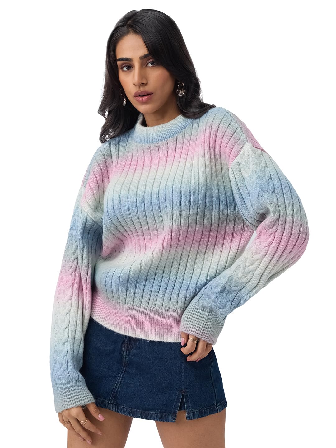 the souled store Blushwood Women and Girls Full Sleeves Round Neck Light Blue Pink Pastel Tie Dye Acrylic Polyester Ribbed Knit Casual Winter Oversized Pullovers-picture-17