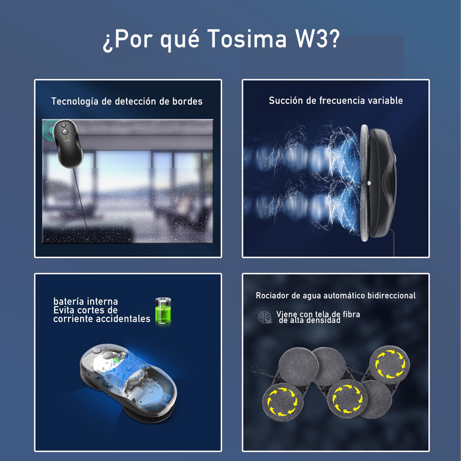 Tosima Robot Limpiacristales, Robot Limpieza de Ventanas Electrico, Sistema de Seguridad, Navegación Inteligente, Control Remoto, para Todas Las Superficies Lisas, con 12 Trapo (W3, Black)