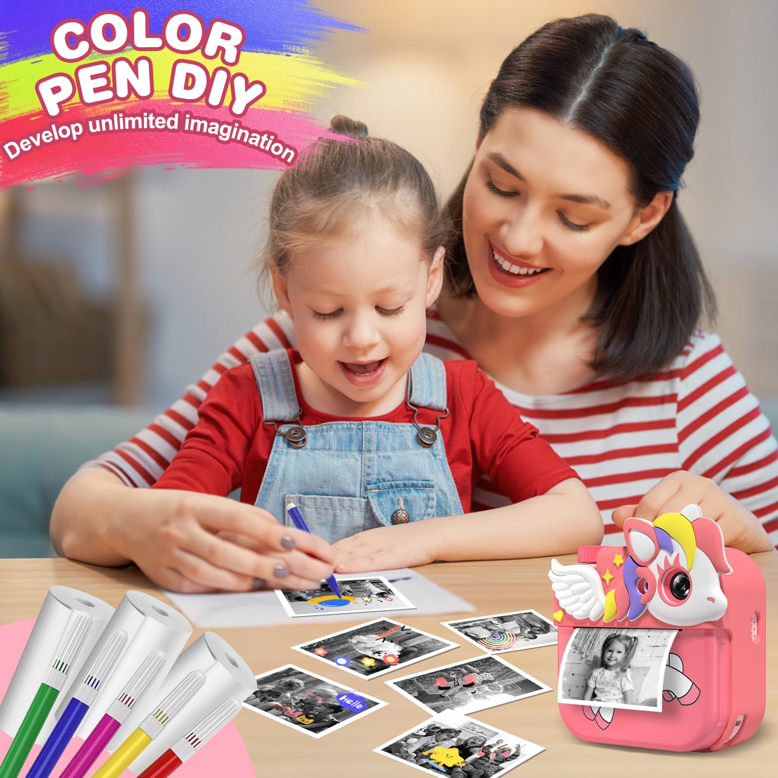Macchina Fotografica Bambini Istantanea,Hangrui 12MP/1080P HD Fotocamera Bambini con Carta da Stampa e 32G,Fotocamera Digitale Stampa Istantanea, Regalo per Bambini dai 3-12 Anni-Rosa