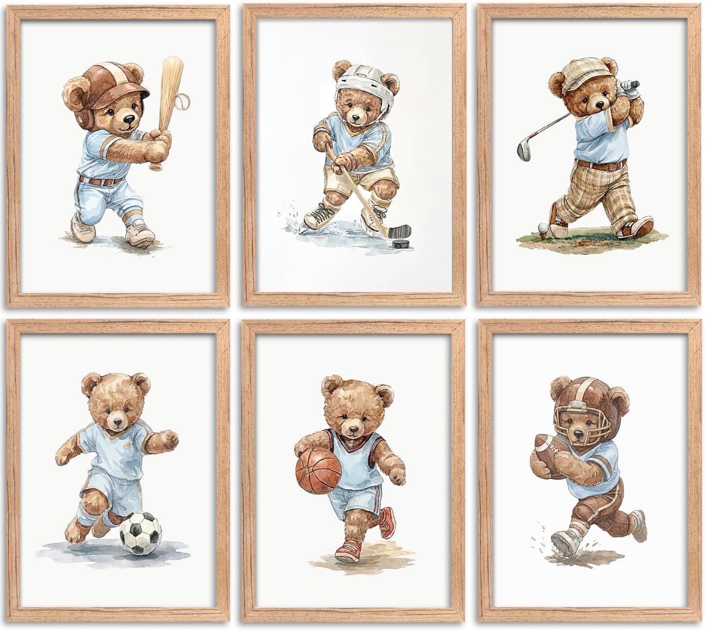 6Pcs Sports Teddy Bear Canvas Wall Art - Watercolor Kids Room Canvas Wall Decor, Cute Baseball Soccer Hockey Golf Basketball Football Poster Set for Boys Bedroom Nursery Playroom Farmhouse Home Decor,Unframed