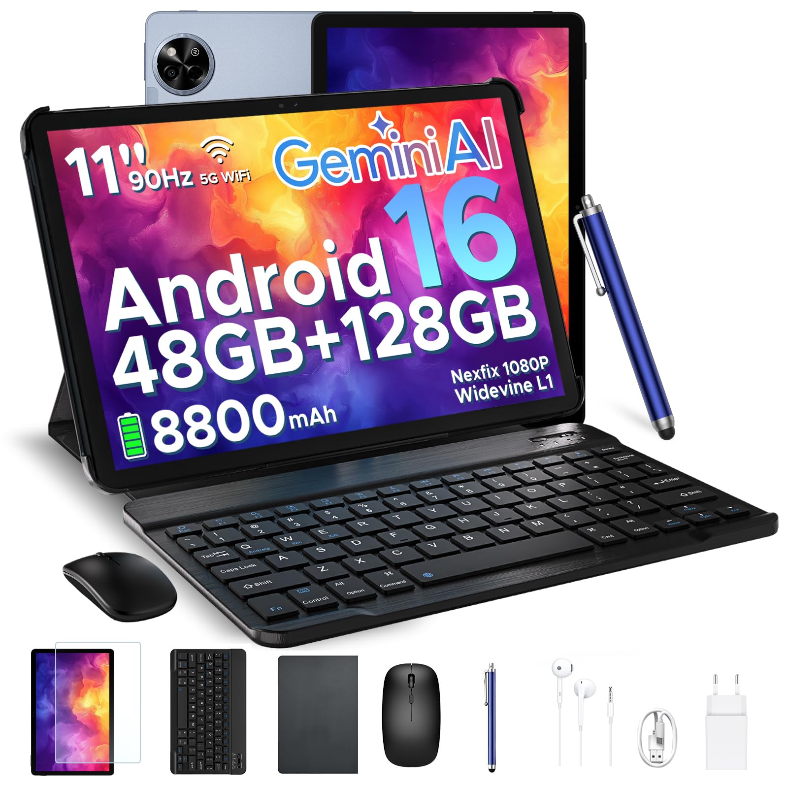 P11 Android 16 Tablet 11 Pulgadas, 48GB RAM + 128GB ROM/2TB TF, 120Hz, T7250 Octa-Core, 8800mAh, 13MP+5MP, Gemini AI, Widevine L1, Face ID, GPS, OTG, Doble Altavoz, Tablet con Teclado y Lápiz, Negro — view 11