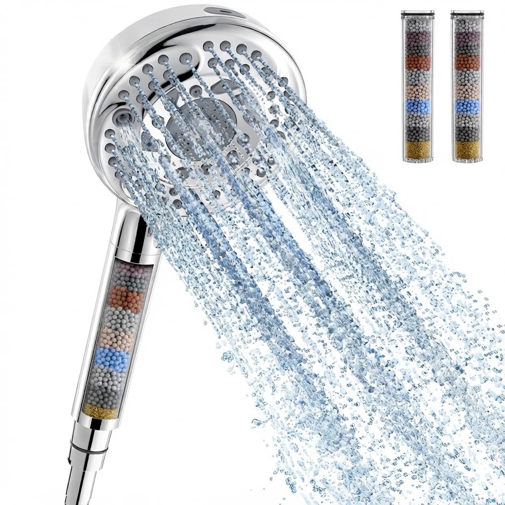 Filtered Shower Head Hose High Pressure 9 Spray Hard Water Chrome 2 Filters New