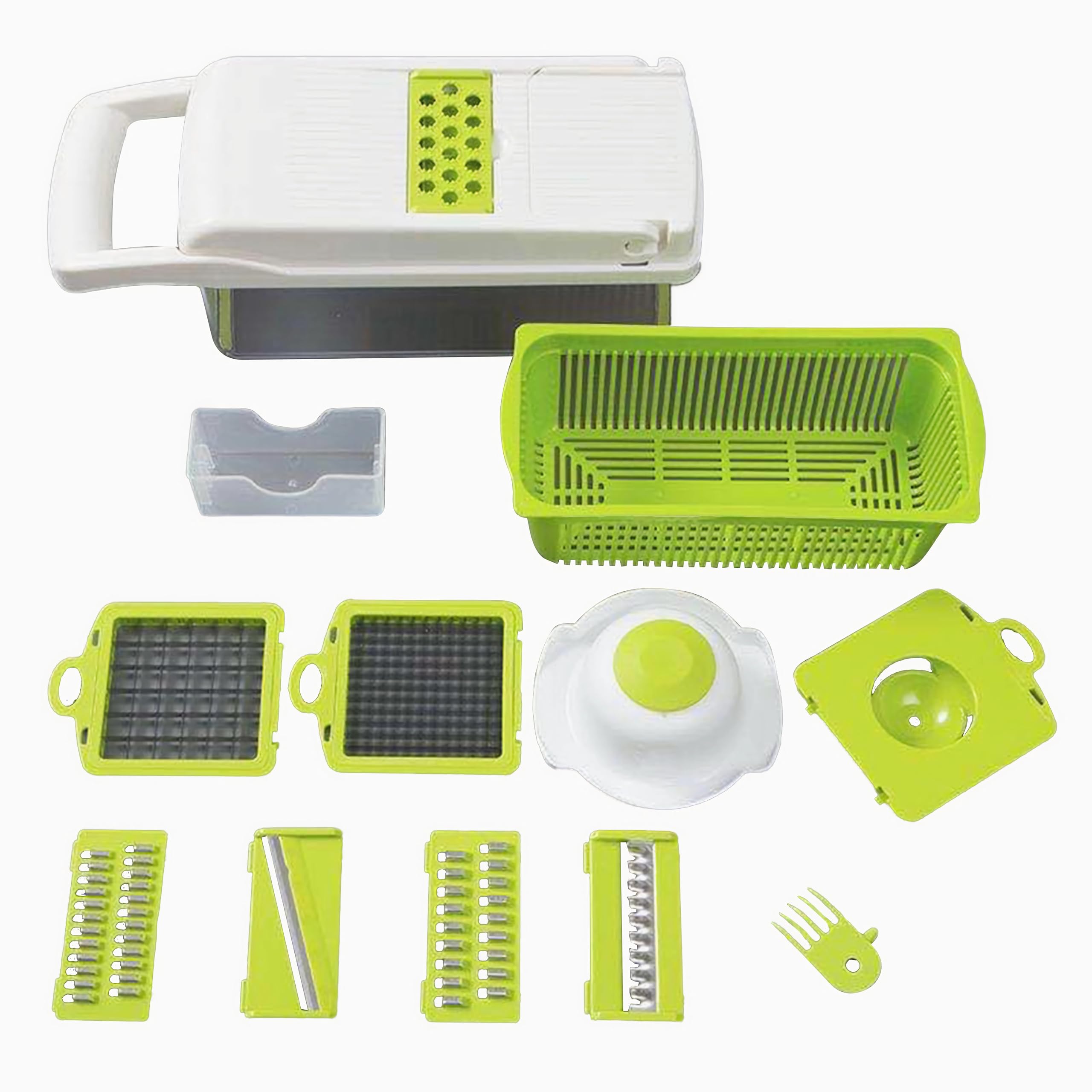 Ultimate Veggie Cutter: 14-in-1 Multifunctional Chopper with Container - Slice, Dice, Spiralize and Grate for Easy Kitchen Prep (white + green)