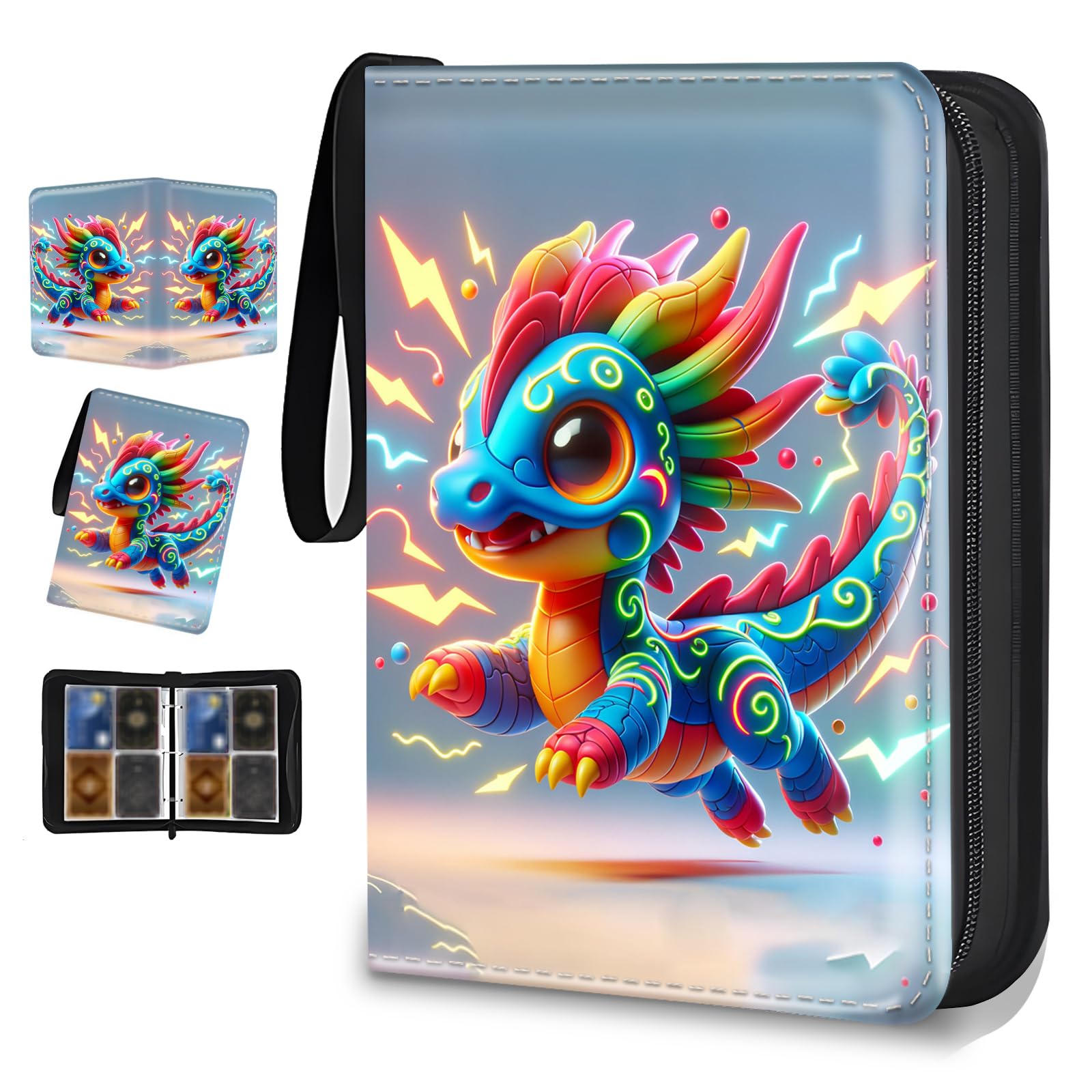 Raccoglitore di carte con 4 tasche con cerniera per 400 carte, raccoglitore in PU con maniche rimovibili per 50 pagine, album da collezione portatile, libro di carte per carte da gioco, carte sportive