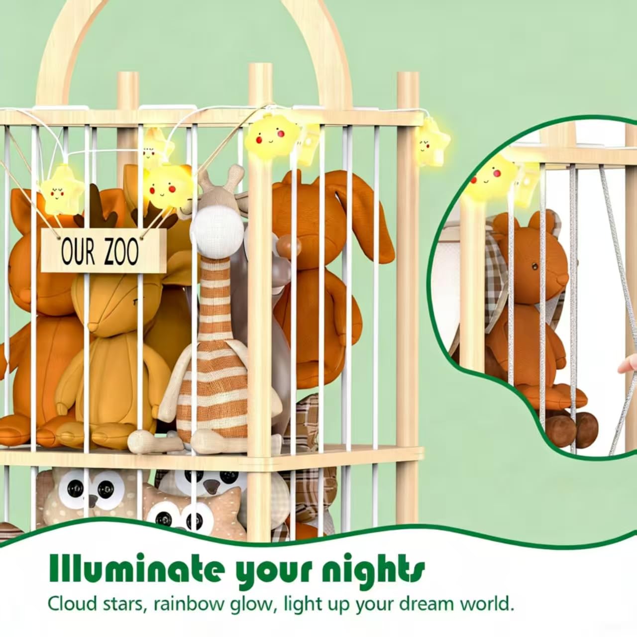 Movable Natural Wood Stuffed Animal Zoo Storage, Patterned Stuffed Animal Storage with Zoo Theme, Elastic Band-Equipped Stuffed Animal Holder, for Nursery/Play Room/Bedroom