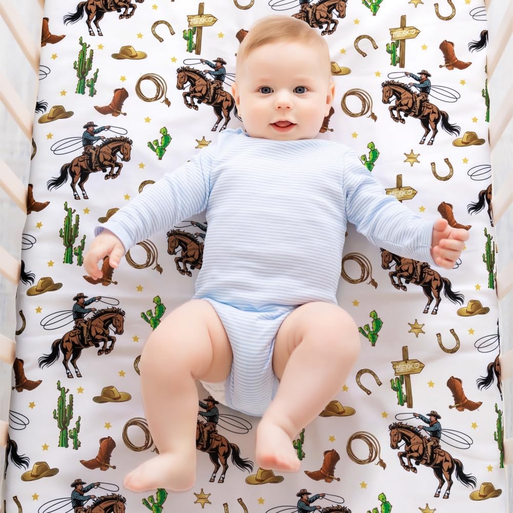4 Pack Western Cowboy Crib Baby Sheets Western Neutral Breathable Fitted Baby Sheet Cowboy Nursery Sheets for Baby Boys or Girls (Crib Sheet)