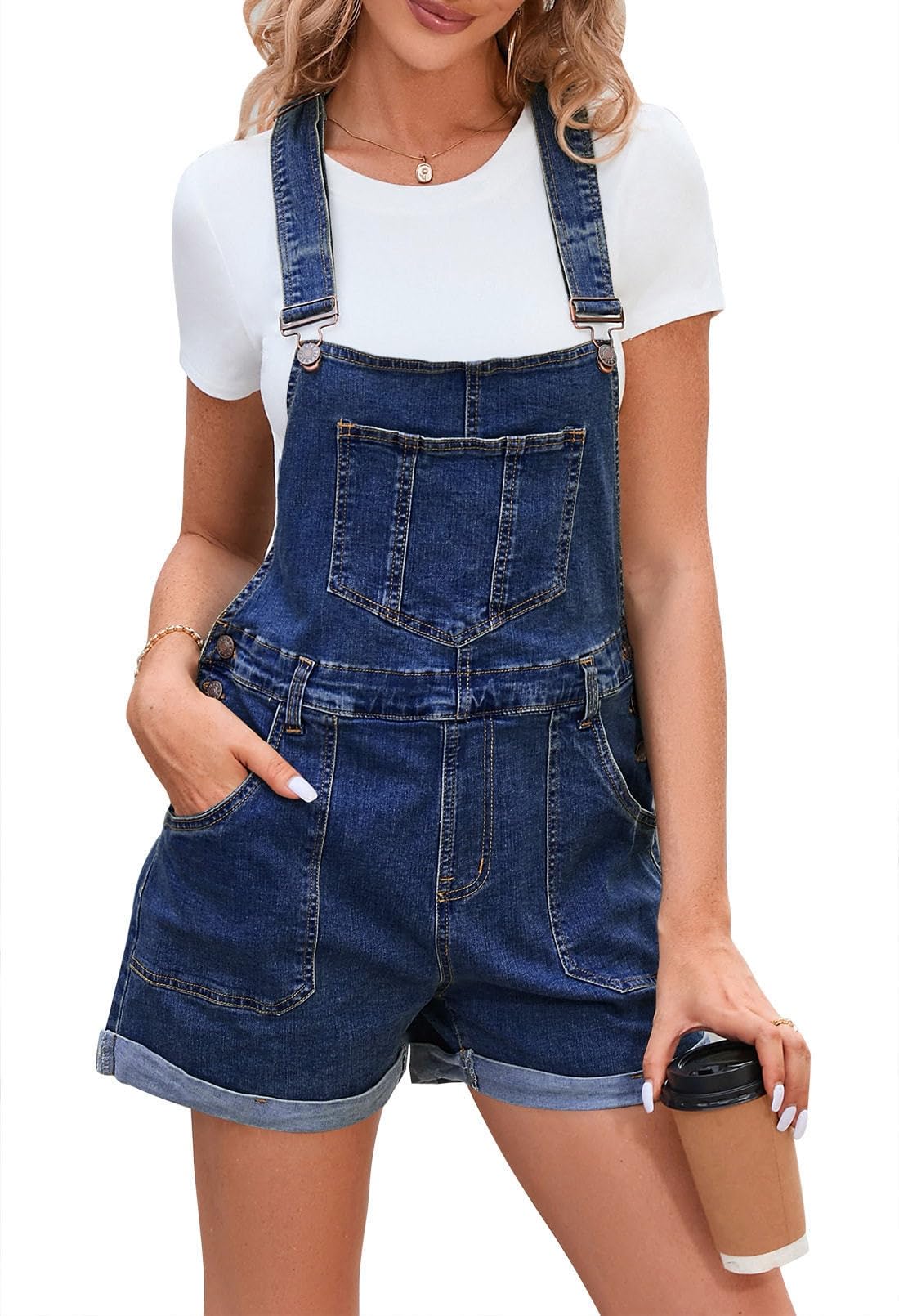Sovoyontee Mono de mezclilla para mujer, con tirantes, pantalones cortos, 727 Azul, S