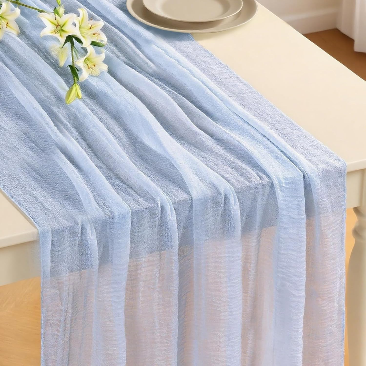 3 Pack Light Blue Table Runner 120 Inch Rustic Cheesecloth Table Runner 10Ft Sheer Gauze Tablecloth for Wedding Cheese Cloth Table Runners Bridal Baby Shower Home Decoration