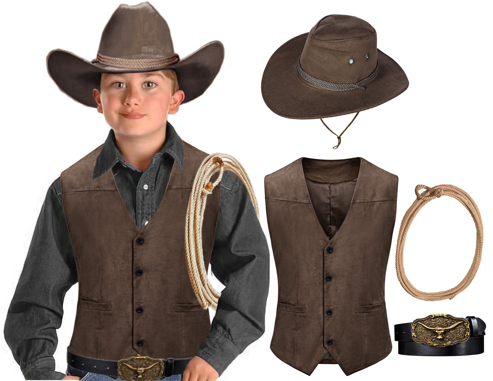 KAIPUTE Kids Western Cowboy Costume Boys Vest Hat Belt for Halloween Party Cosplay