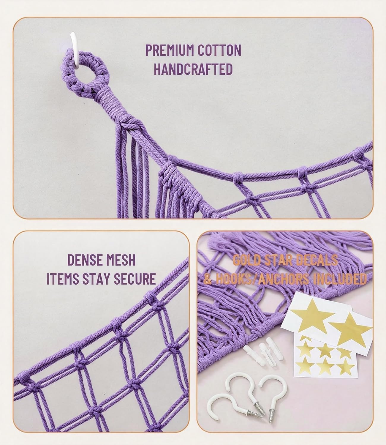 Large Stuffed Animal Net - Sturdy Handcrafted Stuffed Animal Hammock Corner, Natural Fully Handwoven Plushie Net, Space-Saving Holds 50+ Plushies, plushie net hammock for Nursery Baby Bedroom-Lavender