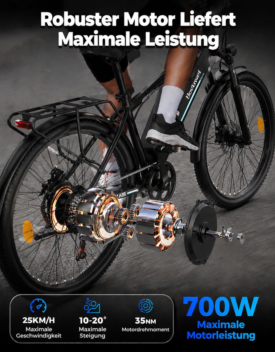 Bodywel A26 E-Bike Herren 26 Zoll 250W Motor 36V 13Ah Akku 50-70km(PAS) Reichweite, 4.5 inch intelligent LED Display mit App, Mechanische Scheibenbremse Stadt EBike