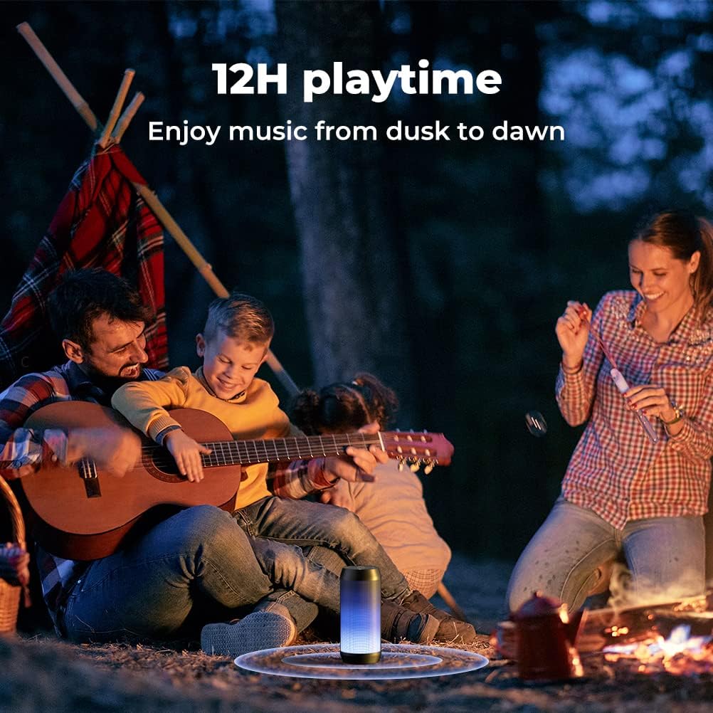 Family enjoying music outdoors with the ELEHOT Direct speaker, illustrating 12-hour playtime