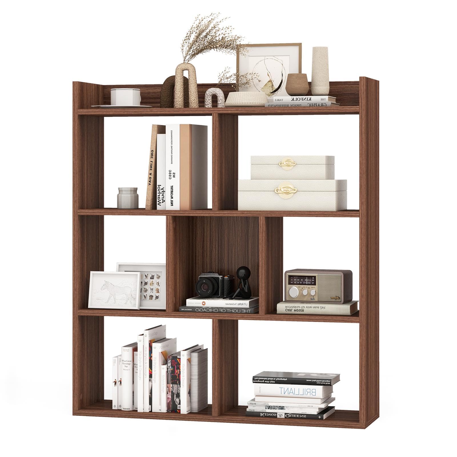 HOMASIS Estantería Madera con 7 Compartimentos Diáfanos, Almacenamiento de Exposición, Biblioteca con Protección Antivuelco, Separador de Habitaciones para Salón (Nogal)