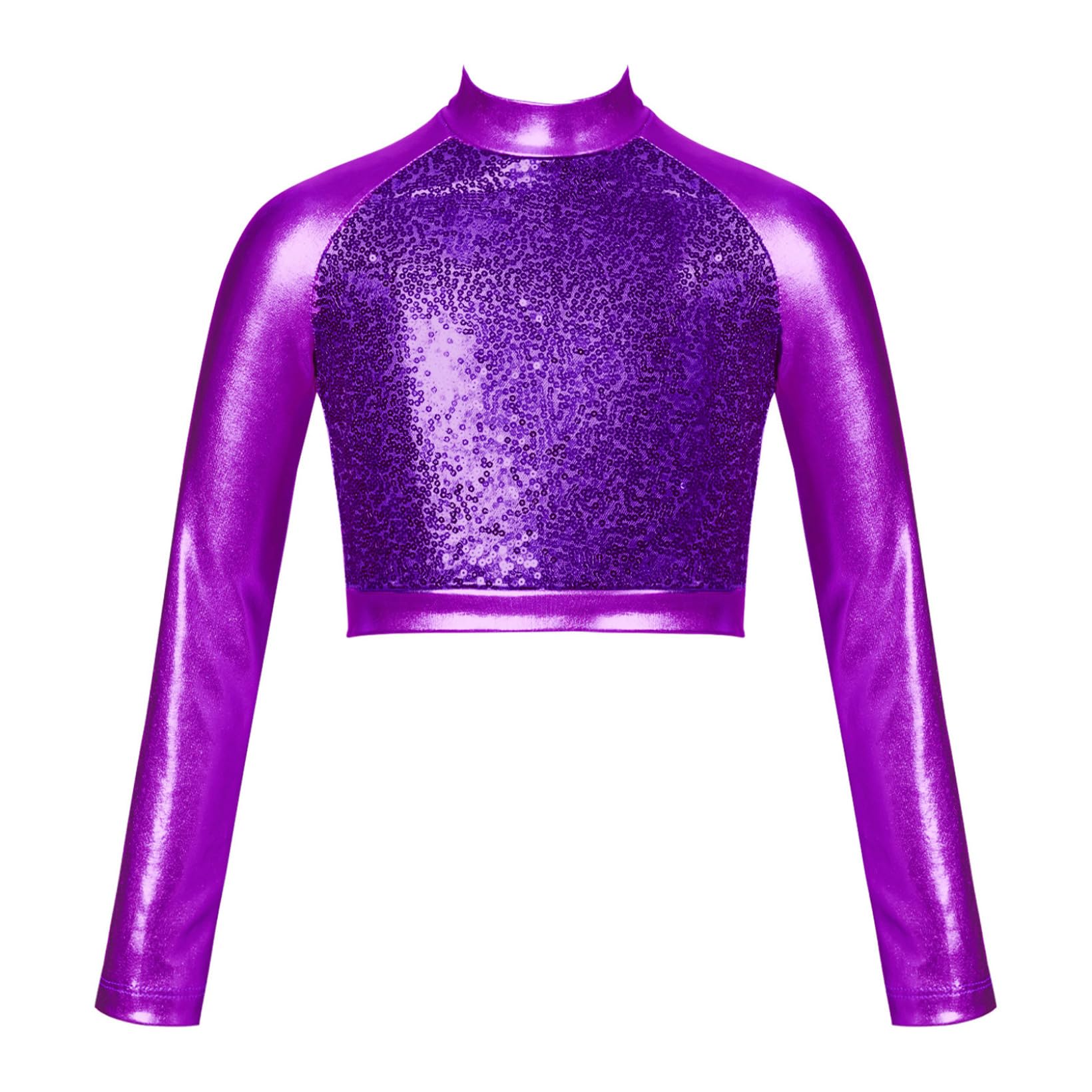 JanJean Girls Metallic Long Sleeve Dance Crop Tops Kids Mock Neck Athletic Tops Hip Hop Jazz Gymnastics Ballet Dancewear Purple 10 Years