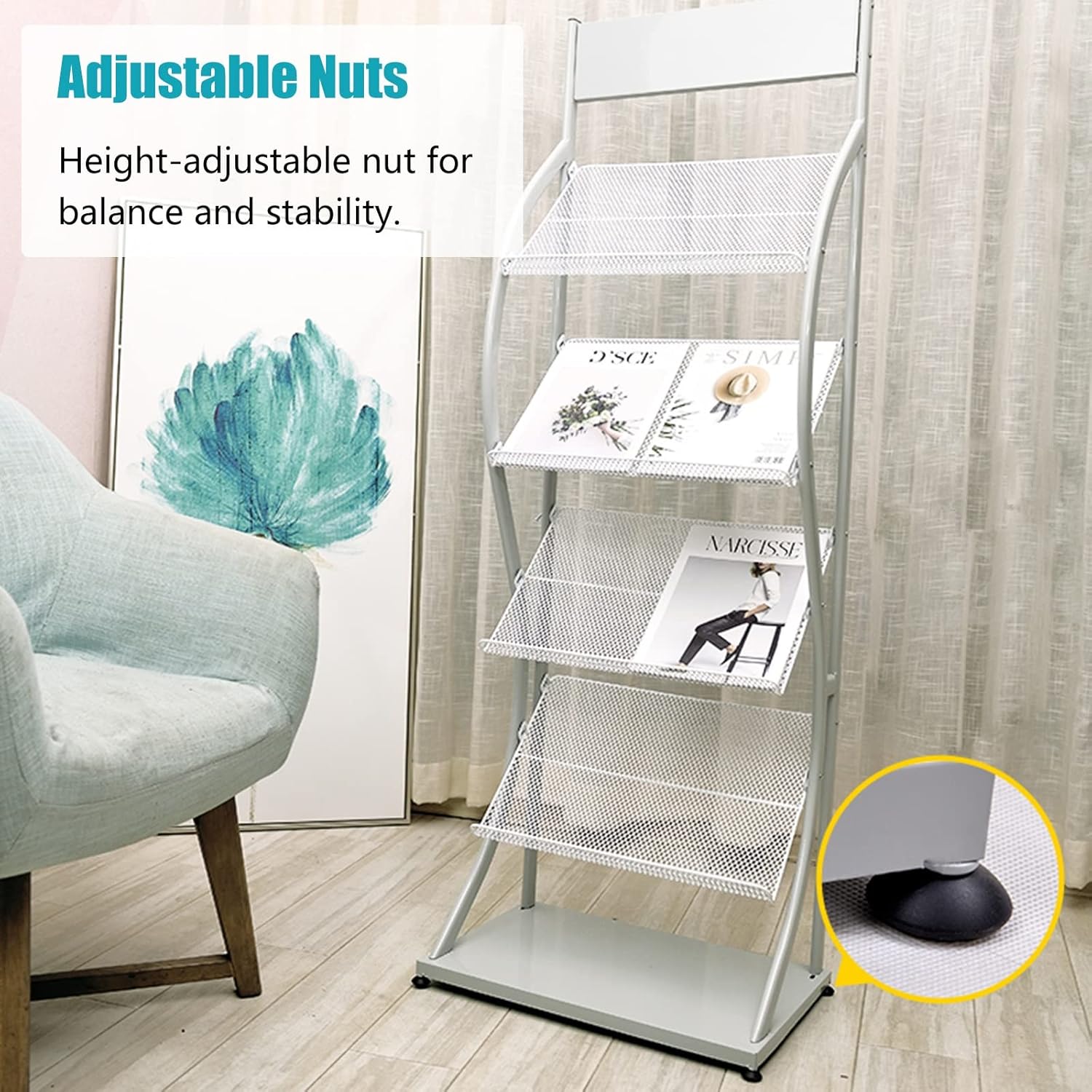 Floor Standing Magazine Rack, Foldable Portable Metal Brochure Display Rack, 55" Literature Display Rack, Tiered Design for Office, Store, Exhibition (White)