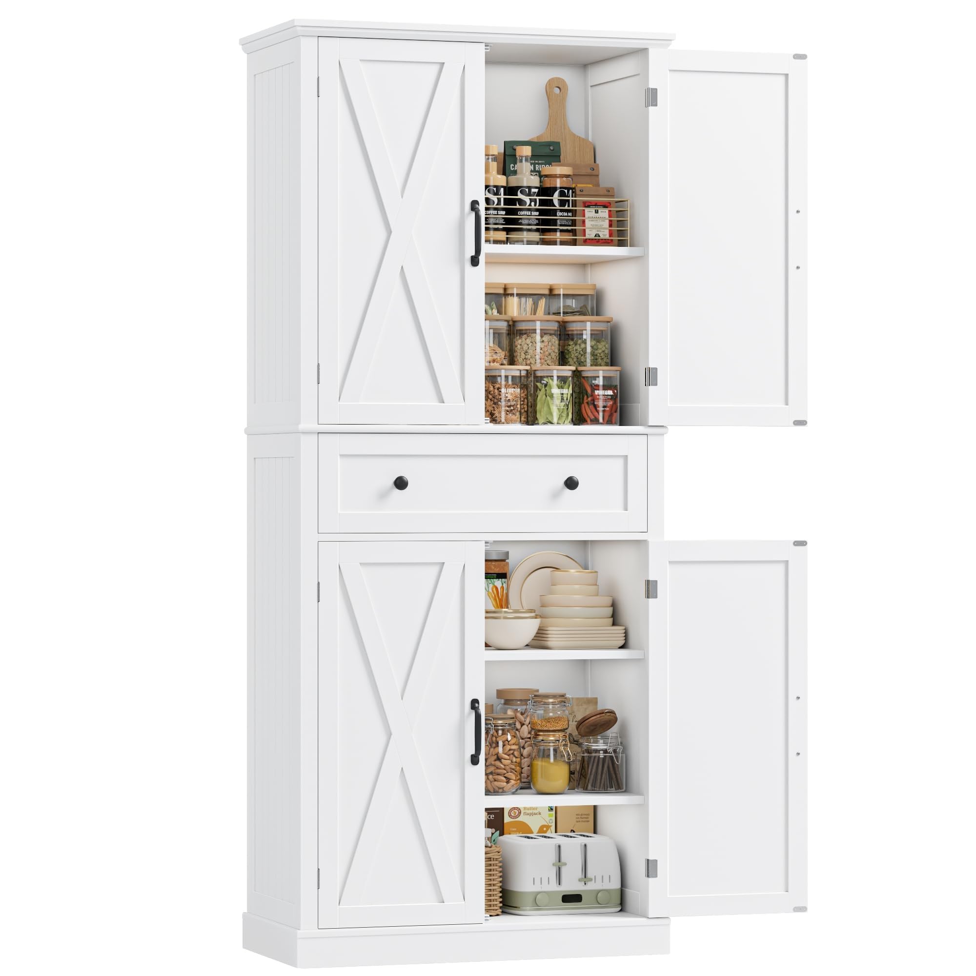 FirFurd Credenza Cucina Alta,Dispensa Cucina con 4 Ante e 1 Cassetti Bianco | Mobile Cucina Dispensa,Antiribaltamento Incluso,Design salvaspazio,Ingombro Ridotto,per Cucina, Soggiorno,78x40x181.5cm