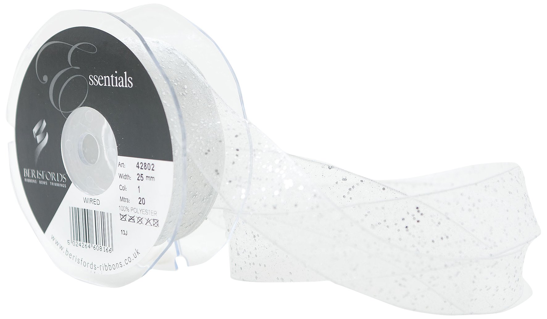 Berisfords 25 mm Random Glitter Wire Edge Ribbon, White