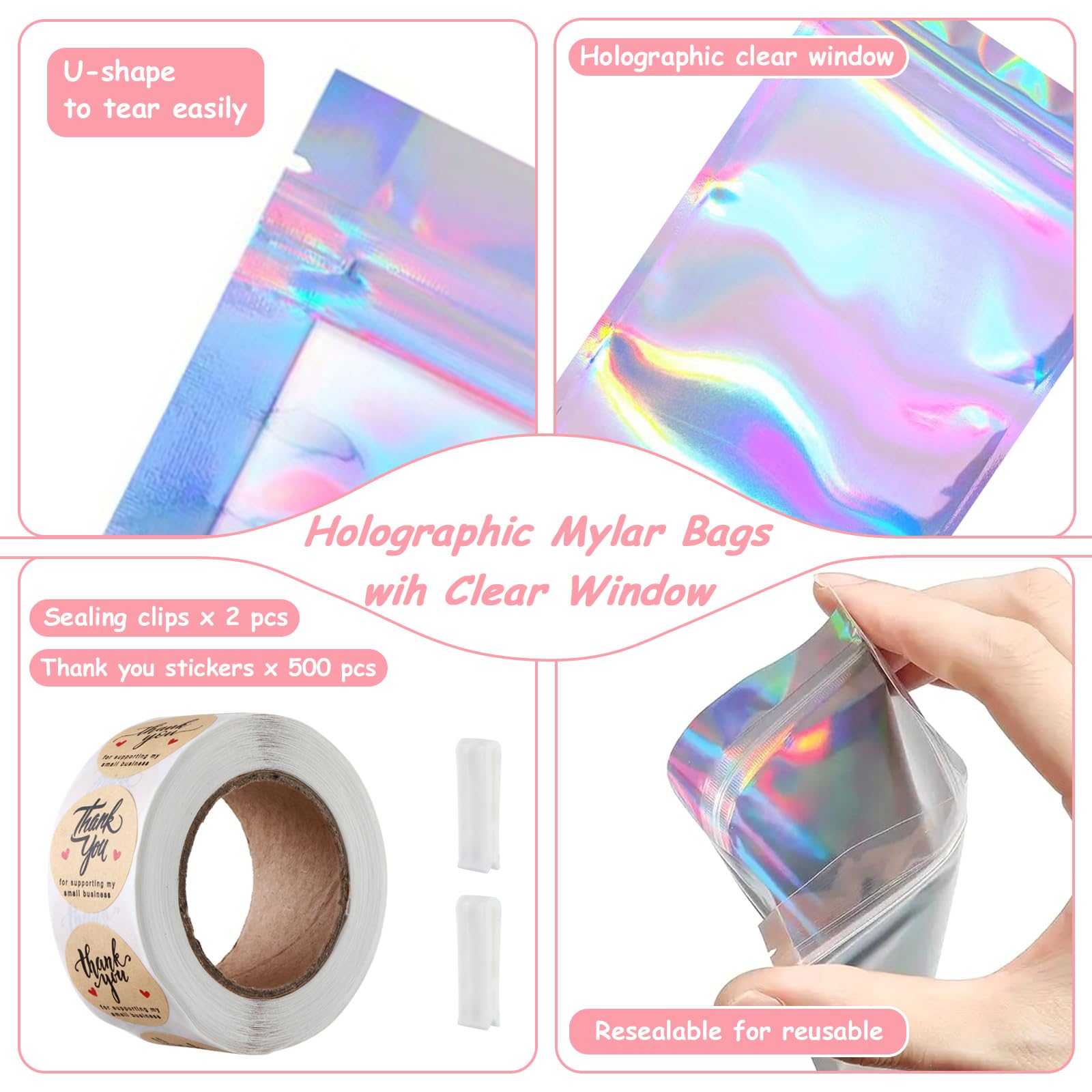 Confezione da 200 sacchetti in Mylar olografico da 17,8 x 25,4 cm, con finestra trasparente, richiudibili, per la conservazione degli alimenti, grandi e a prova di odore, per biscotti, gioielli e