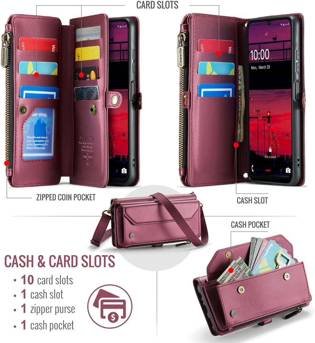 Wallet Case Compatible with Samsung Galaxy A16 5G 6.7" RFID Blocking 10-Card Holder PU Leather Magnetic Snap Shoulder Strap Zipper Pocket Phone Case Fit for Samsung Galaxy A16 5G (Wine Red)