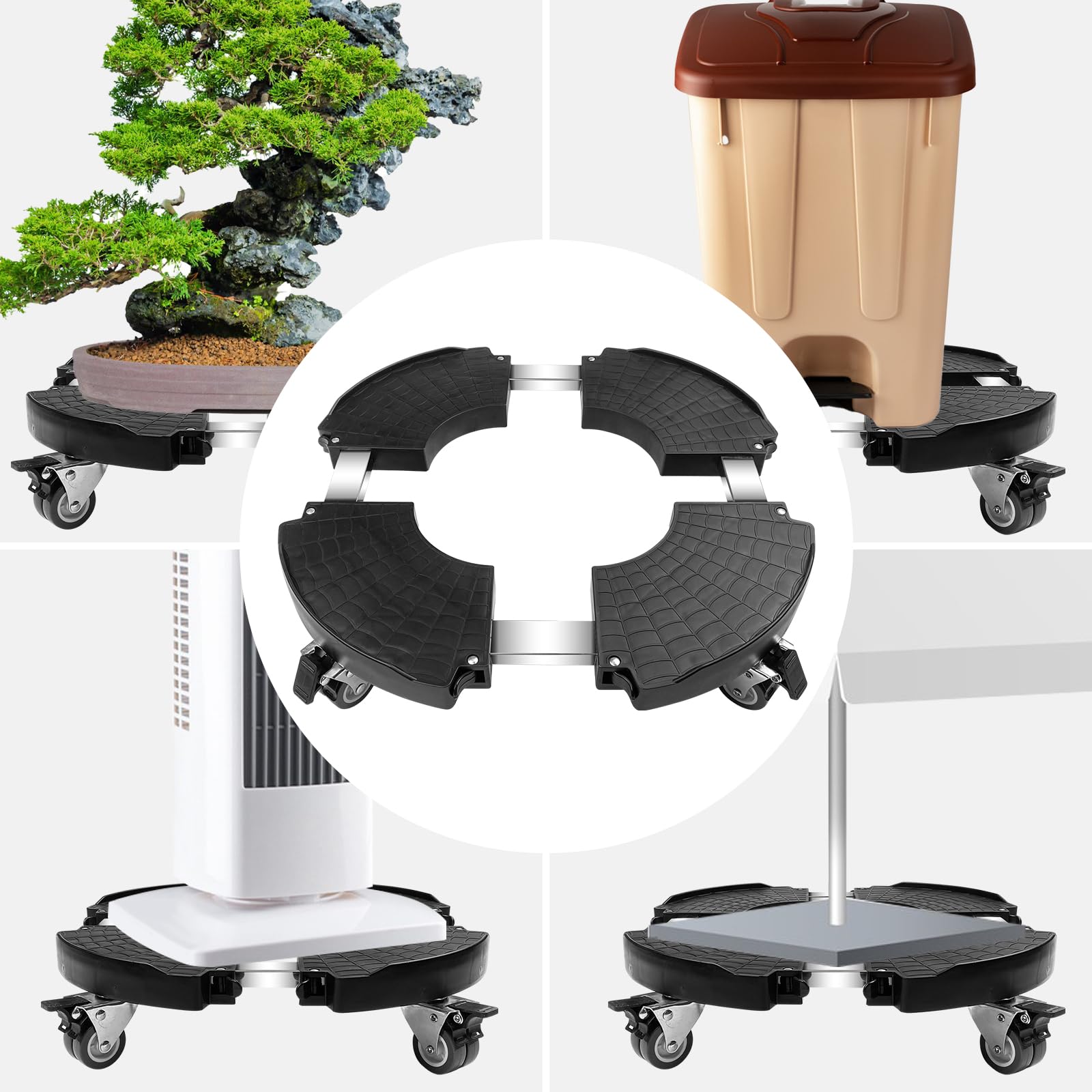 Porte Plante à Roulettes Réglable 40-58.5cm, Support Pot de Fleur Rond 250 kg, Chariot Plantes Noir Roues 360°
