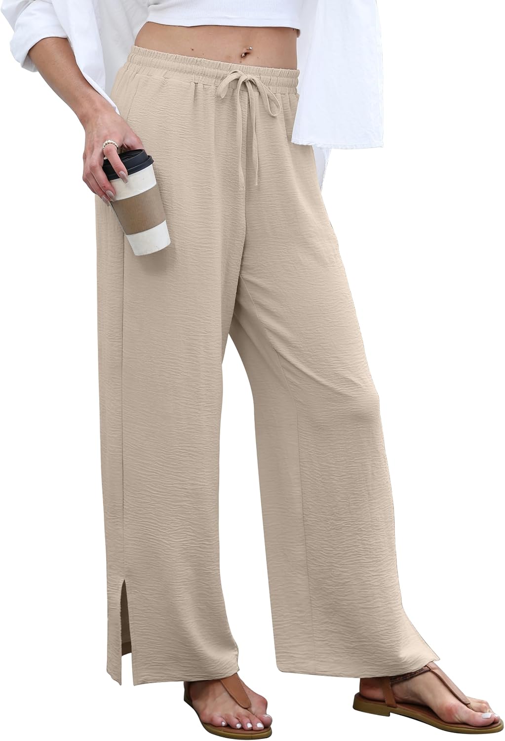 Sampeel Womens Wide Leg Beach Pants Elastic Waist Lightweight Casual Flowy Palazzo Lounge Trousers with Pockets