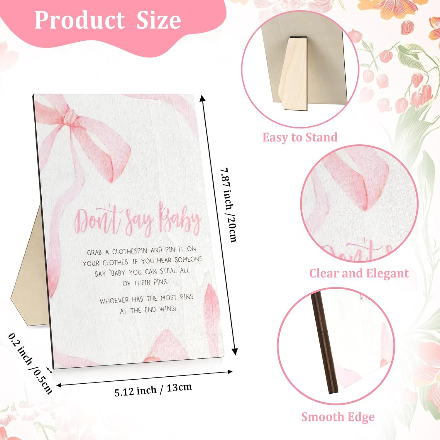 Pink Bow Don't Say Baby Baby Shower Game, 51Pcs Clothes Pins Game for Baby Shower, 1 Sign and 50 Bow Wooden Clothespins, Gender Reveal Party Favors Decorations