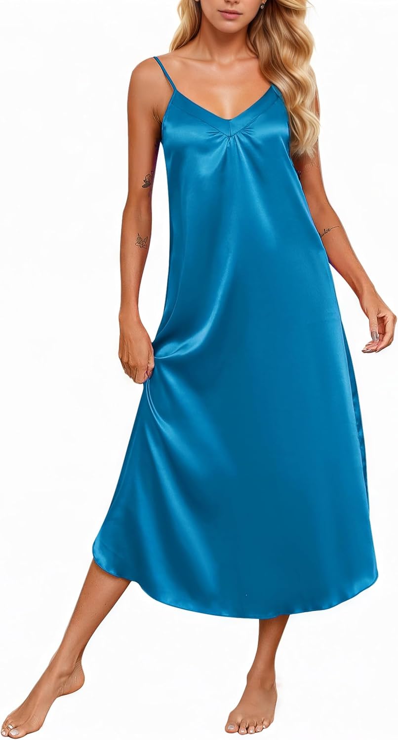 ALCEA ROSEA Women Silky Full Slip Long Dress Sexy V Neck Satin Nightgown Sleepwear Loose Sleeveless Nightshirt 3975 - Image 3