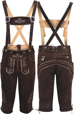 German Oktoberfest Bavarian Lederhosen Real Leather with Matching long Short New US 32inch / German 48, Chocolate