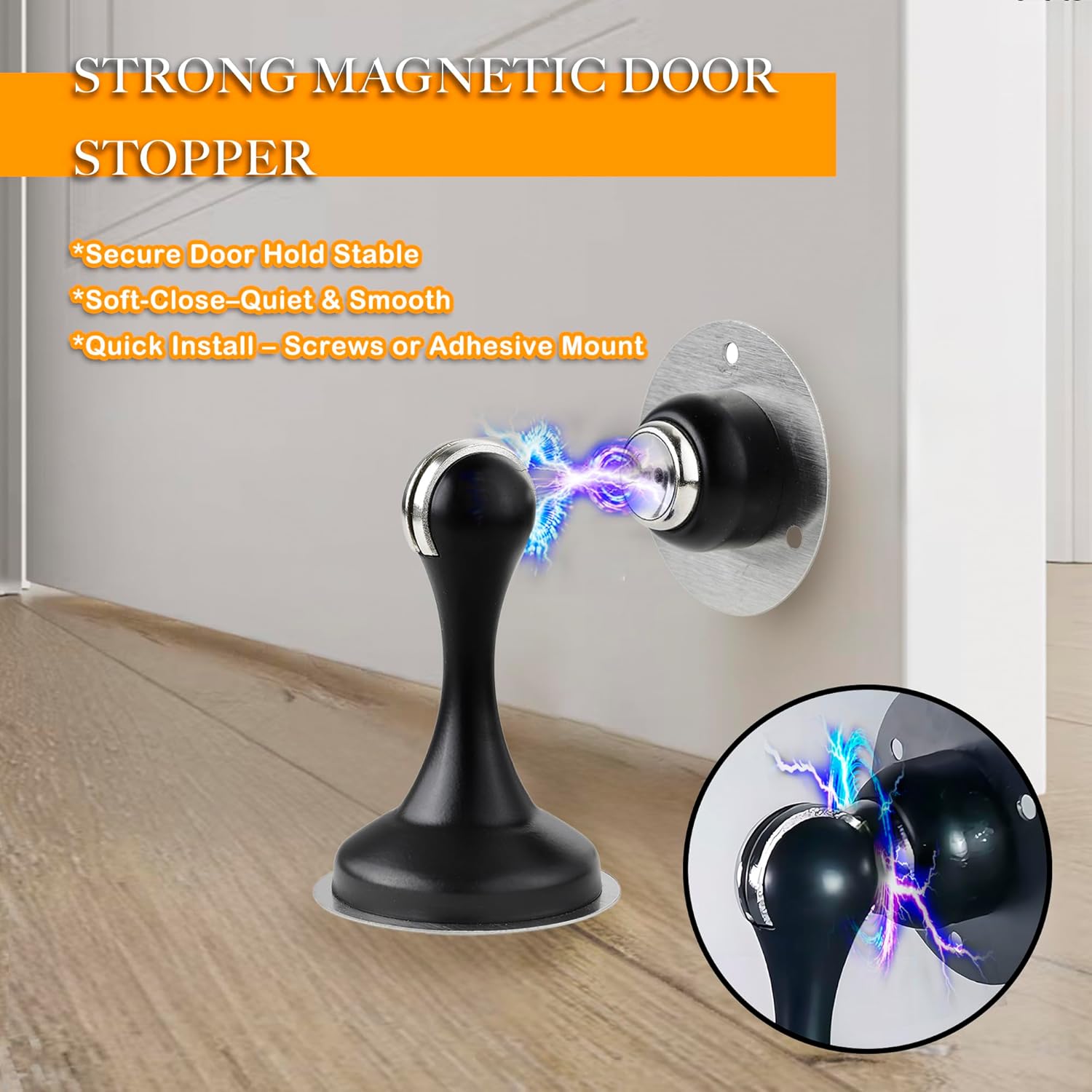Black Magnetic Door Stop 6 Pack No Drill Stainless Steels Magnetic Door Stopper with 3M Double-Sided Adhesive Tape Magnetic Door Holder for Home & Office