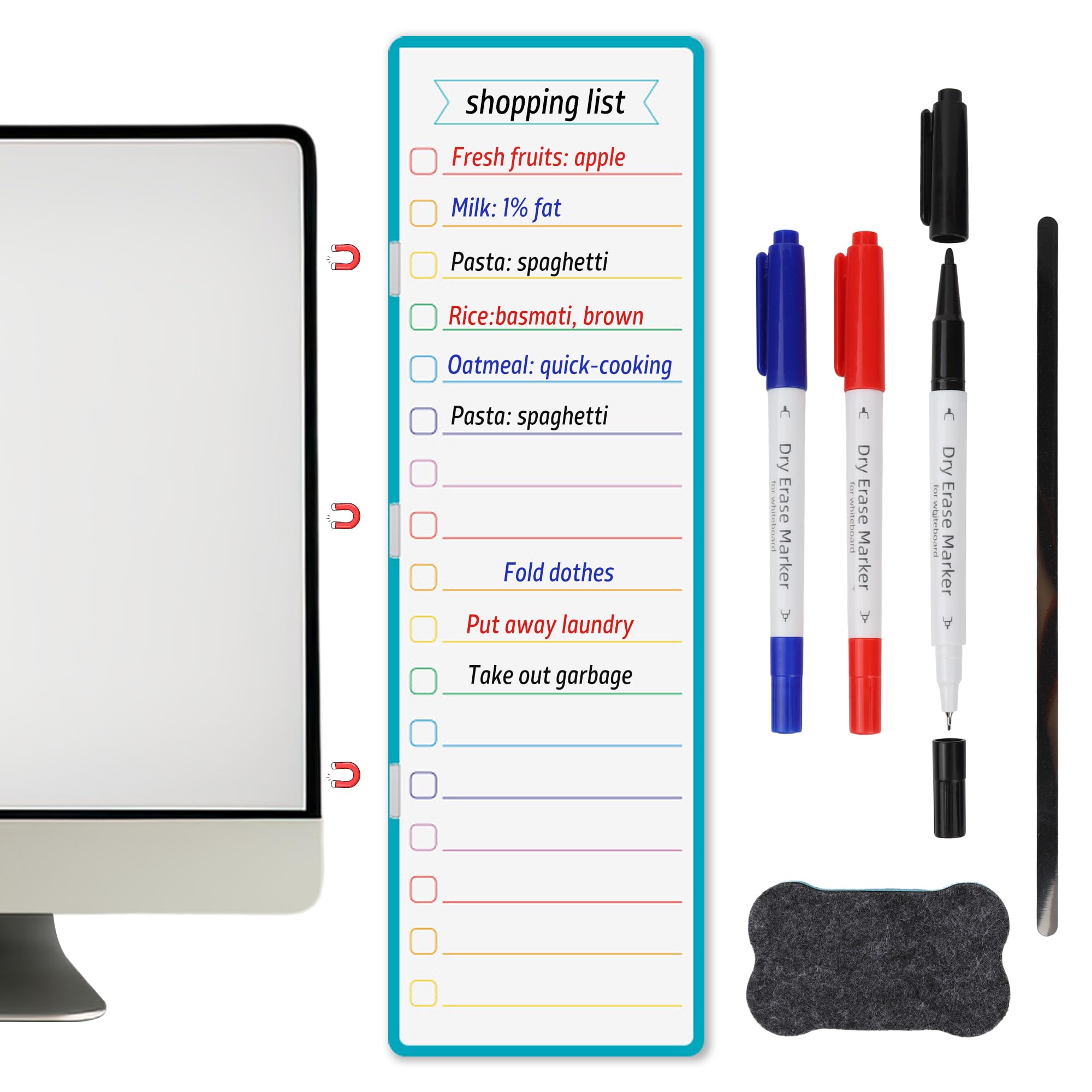 Umbrotiger Magnetic Note Board for Computer Monitors 3 Pens + Eraser Set, Space Saving Dry Erase Surface, Reusable Memo Pad for Office/Kitchen/Studio