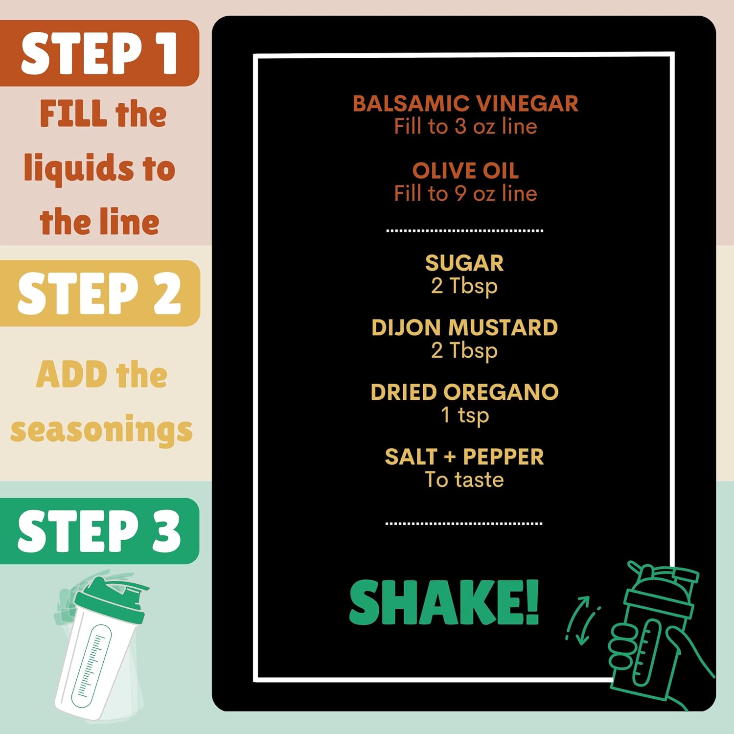 Salad Dressing Shaker Bottle with Recipe Cards | Just Measure to the Line and SHAKE! | Over 40 Chef-Inspired Recipes | Dressings, Sauces, Marinades, Dry Rubs | Nutrition Facts | BPA-Free Bottle