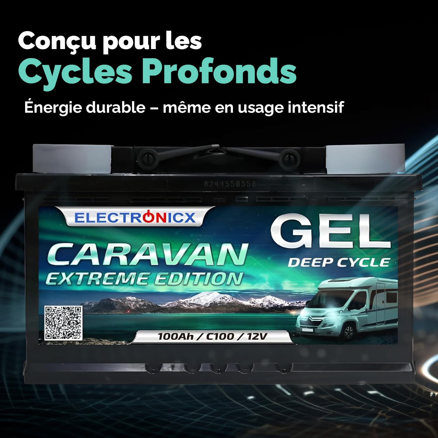 Electronicx Caravan Extreme Edition 100Ah / C100 / 12V Batterie Gel – 100 Ah – Batterie 12V Camping-Car, Van, Bateau, Marine, Solaire – sans Entretien & Robuste – 278×175×190 mm