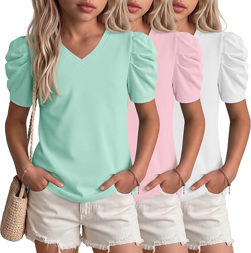 Langyiwee 3 Pack Girls' Puff Sleeve T-Shirts 5-14 Years Teen V Neck Cute Tops Ki