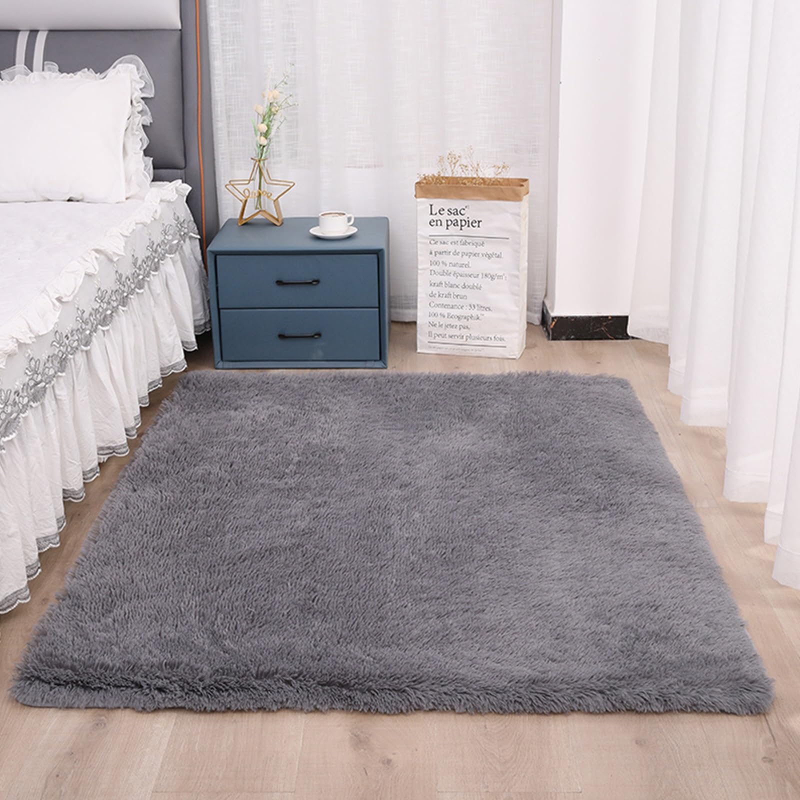 Tapis à poils longs lavable avec envers antidérapant pour salon