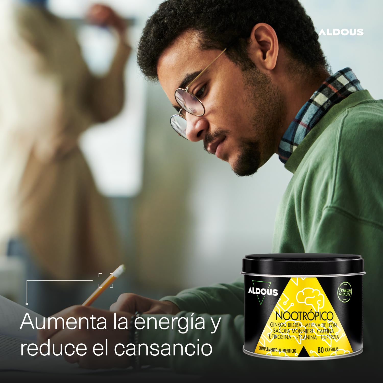 Nootrópico Potente Natural - 80 Cápsulas de 800 mg - Memoria, Concentración, Energía - Ginkgo Biloba, Melena de Leon, Cafeina, Bacopa Monnieri, Tirosina, Teanina, Huperzia - ALDOUS