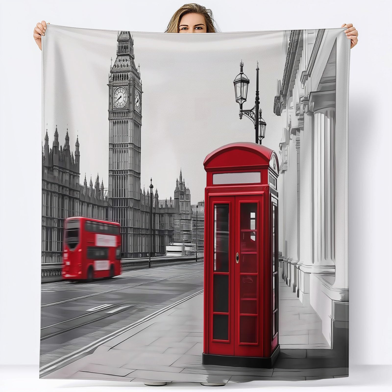 Coperta moderna con stampa London Streets, 200 x 200 cm, in morbido pile grigio, comoda e leggera, in flanella felpata, per letto, divano, perfetta per adulti e bambini, decorazione per la casa e
