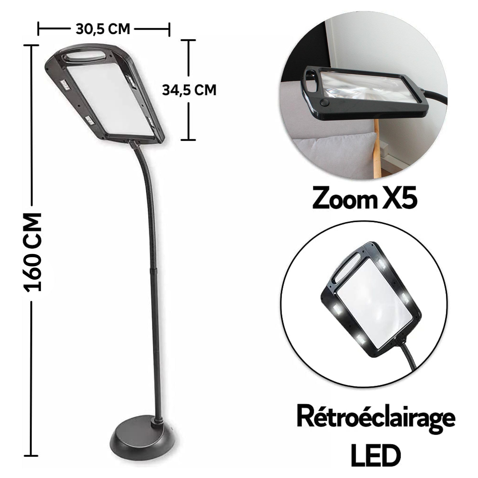 Lampa powiększająca Maxi 12 diod LED do postawienia - 5 x powiększenie, obracane, do czytania, majsterkowania, szycia, haftu i innych precyzyjnych czynności - 160 cm (olbrzymie)