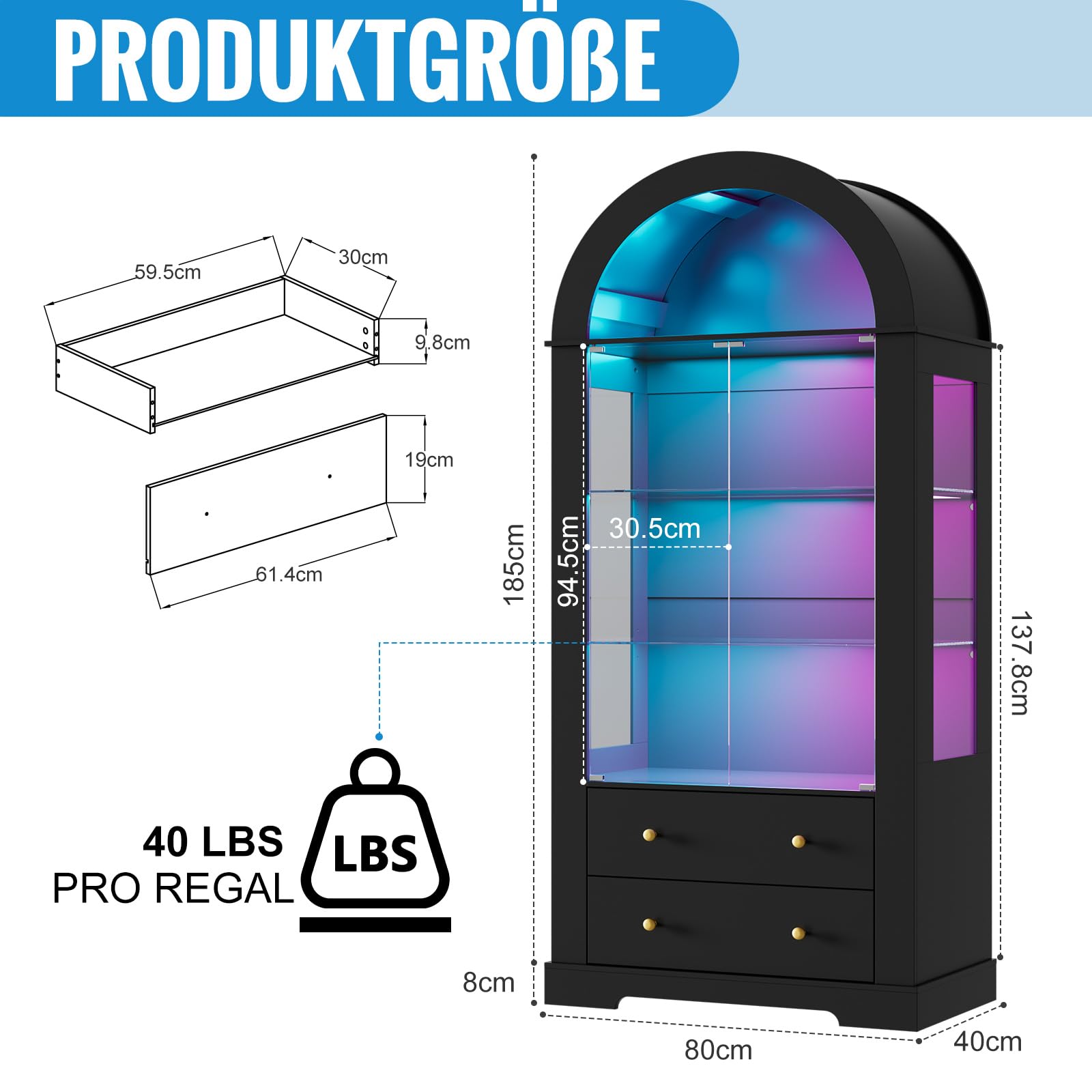 Vitrina Cristal Arqueada LED, 185cm Vitrina Expositora con Puertas de Cristal, Vitrina Coleccionista de Arco con 4 Estantes de Exhibición y 2 Cajones, Salón Dormitorio,Pasillo,Oficina,Negro