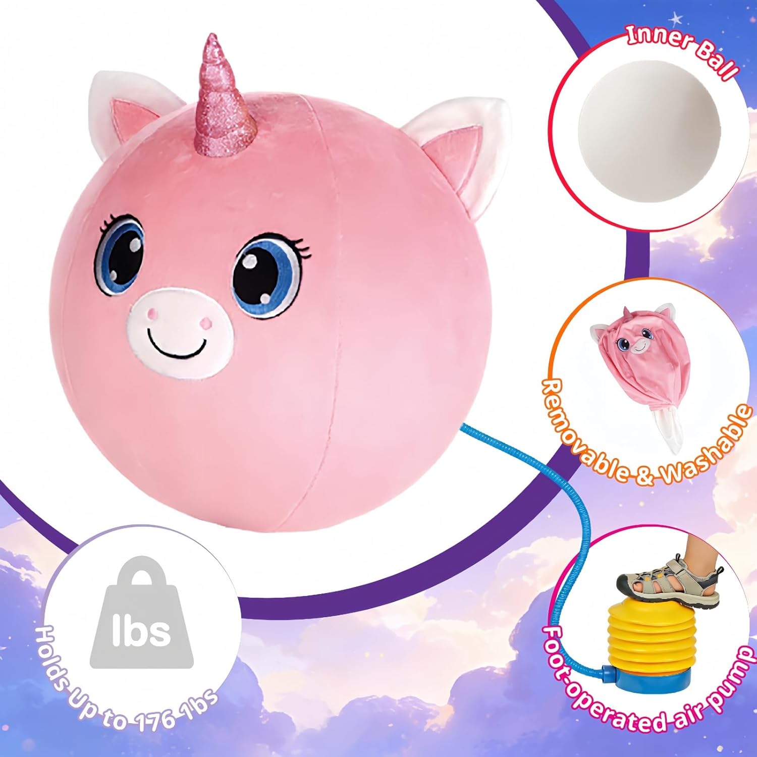 Bouncy Balls for Kids, 23in/58cm Bouncy Unicorn Inflatable Ride on Bouncy Animals Toys for Toddlers, Gifts for Kids Indoor Outdoor, Kids Toys Support Up to 176 Pounds