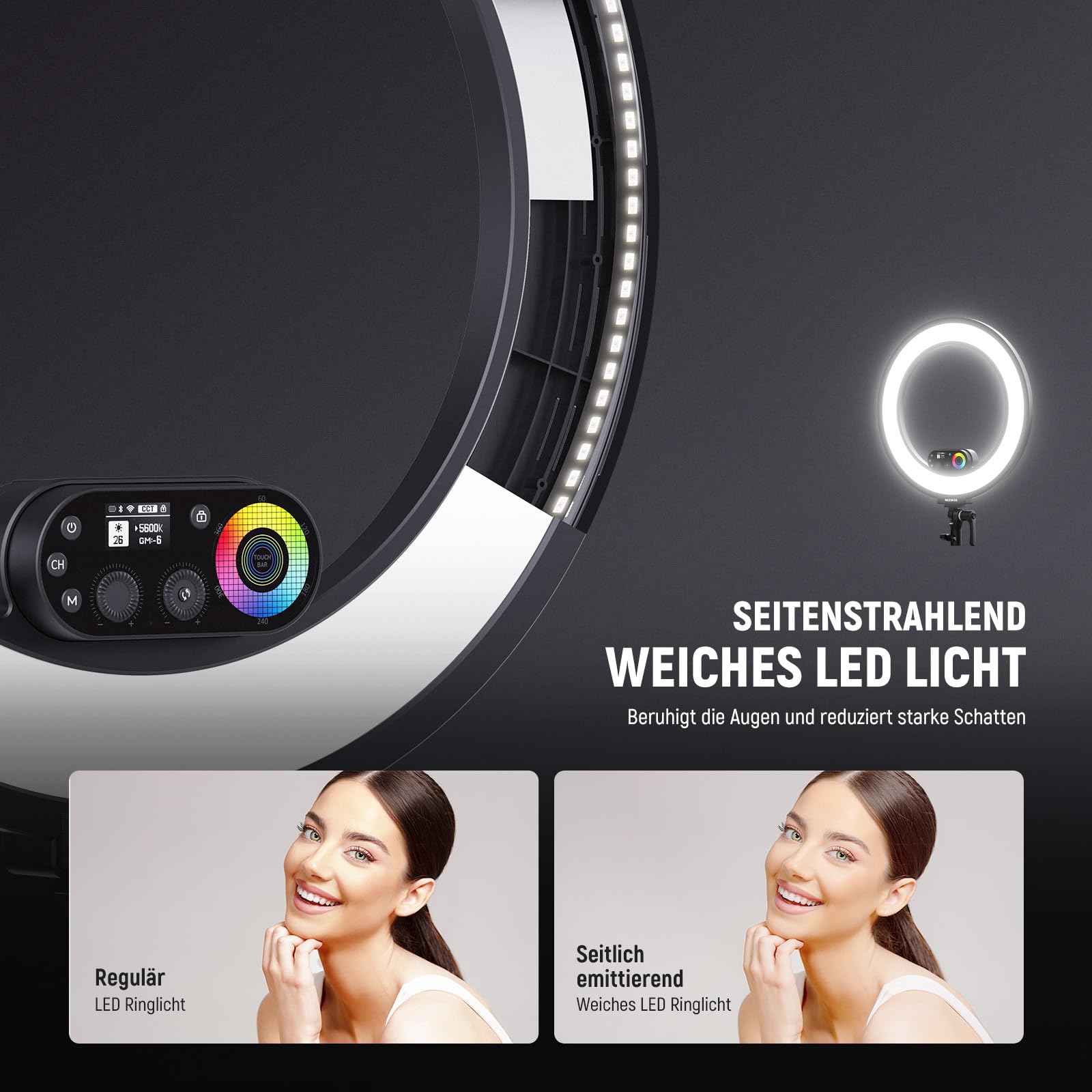 NEEWER RL45C 18" 45W RGB LED Ringlicht Edge Lit Licht mit Handy Stativ Fernbedienung CRI95+ 3100lux/0,5m 2500K-10000K 360° Vollfarben App/2,4G Steuerung Kompatibel mit iPhone Selfie Make up Videos