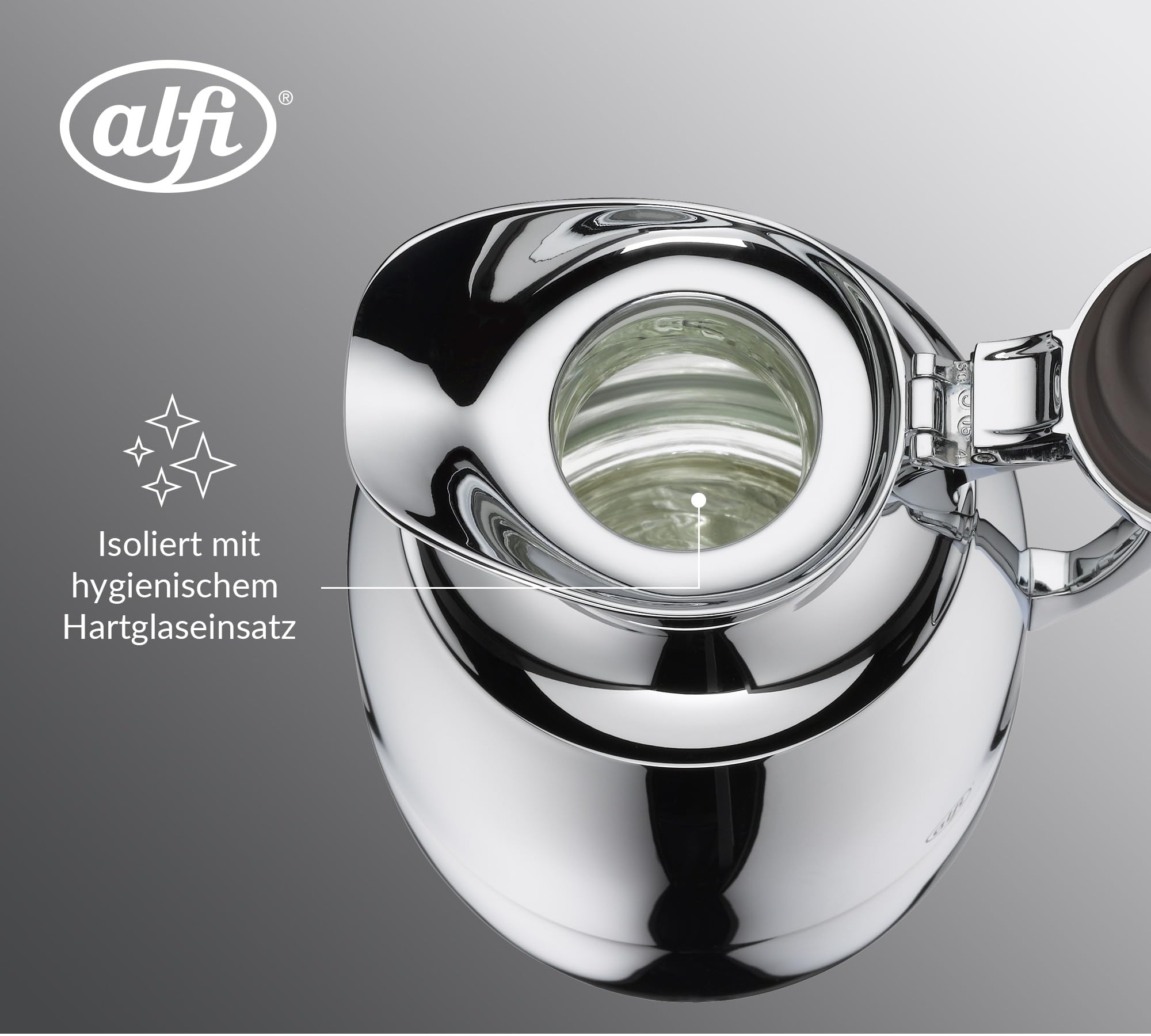alfi JUWEL 1,0l, silber chrome plated, elegante Isolierkanne mit Hartglaseinsatz, 12h heiß & 24h kalt, ideal als Kaffeekanne, Teekanne