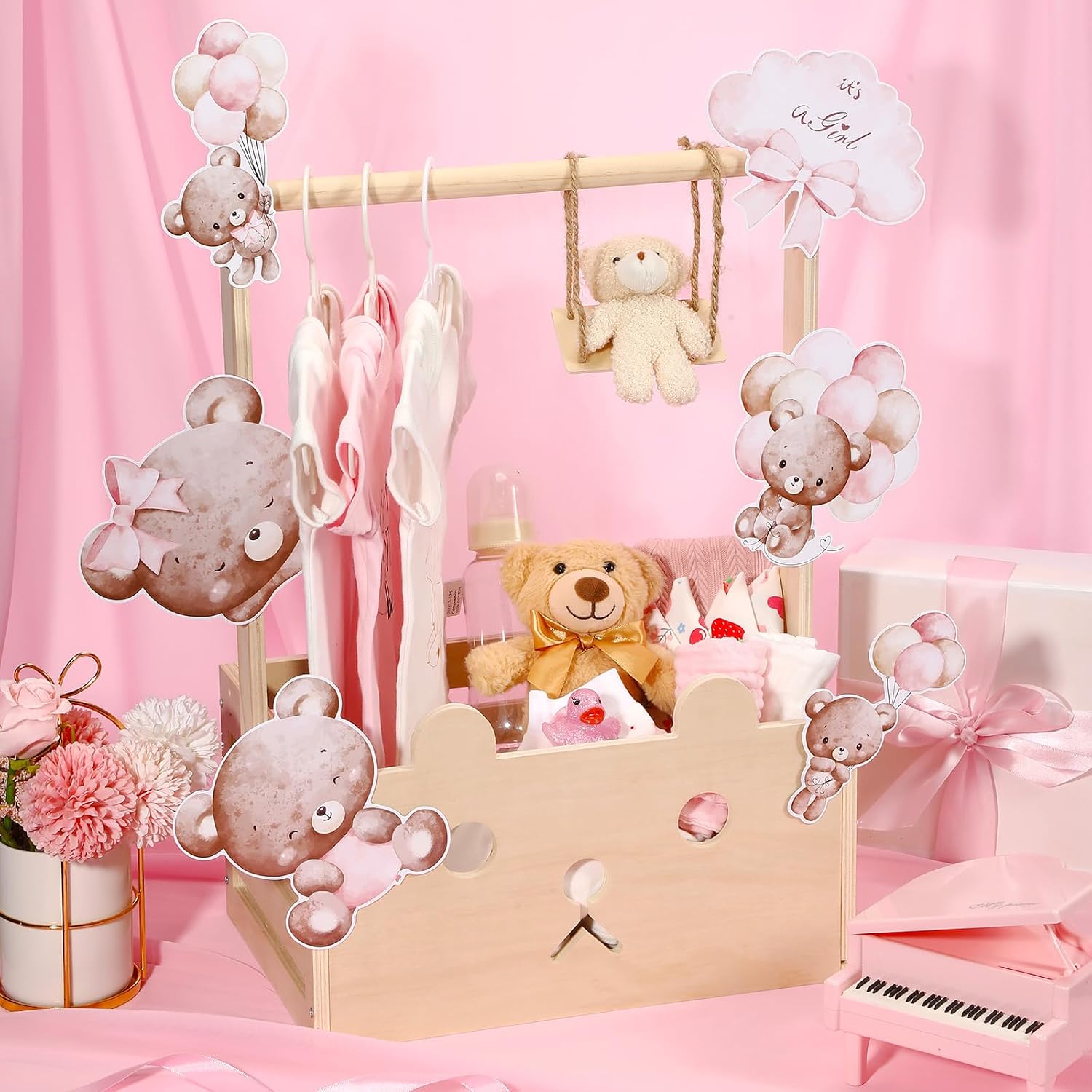 Cinnvoice Baby Shower Bear Gift Baskets with Hanger Rack, Wooden Crate Closet Bear Cards Decoration Crate for Baby Boys Girls Pregnancy New Parent Gifts(Pink,It's A Girl)