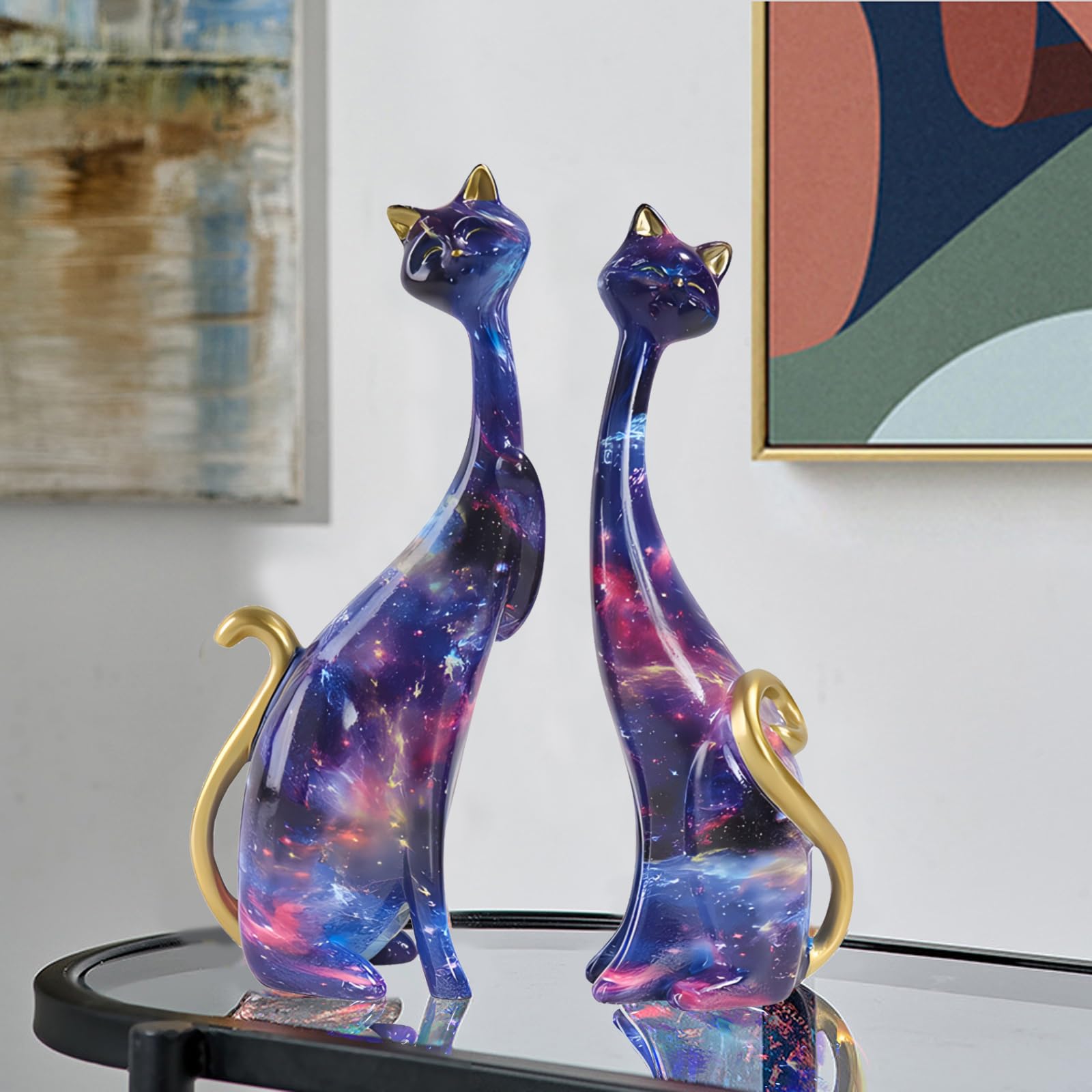 LIKEUDO Set of 2 Resin Cat Statues Sculptures Cat Figurine (Starry sky), Multicolour, 12*6*24.5cm