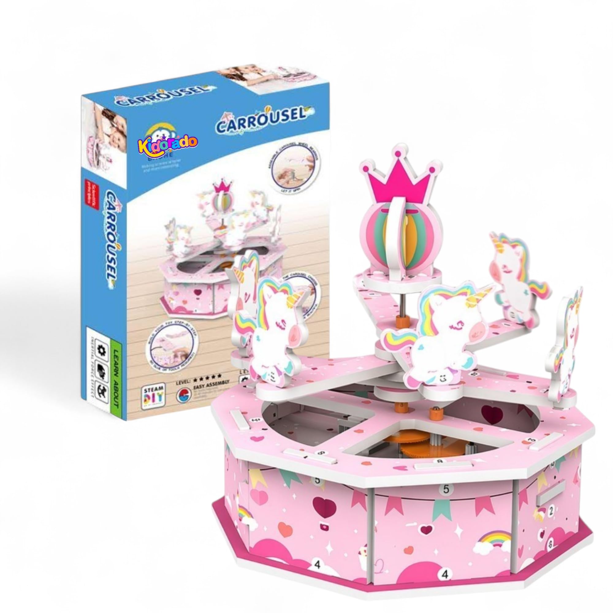 Kidorado DIY Carousel STEM Building Kit for Kids 6+ Years | Unicorn Merry-Go-Round Science Toy | DIY Motorized Rotating Puzzle Model | Educational Construction Toy for Boys Girls (Carrousel)-image-32