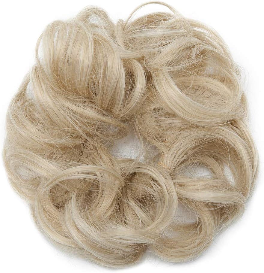 Messy Hair Bun Hair Scrunchies Extensions Curly Wavy Hairpiece Synthetic Chignon for Women Updo Ponytail Bun Extension Light Bleach Blonde Highlight - Image 3