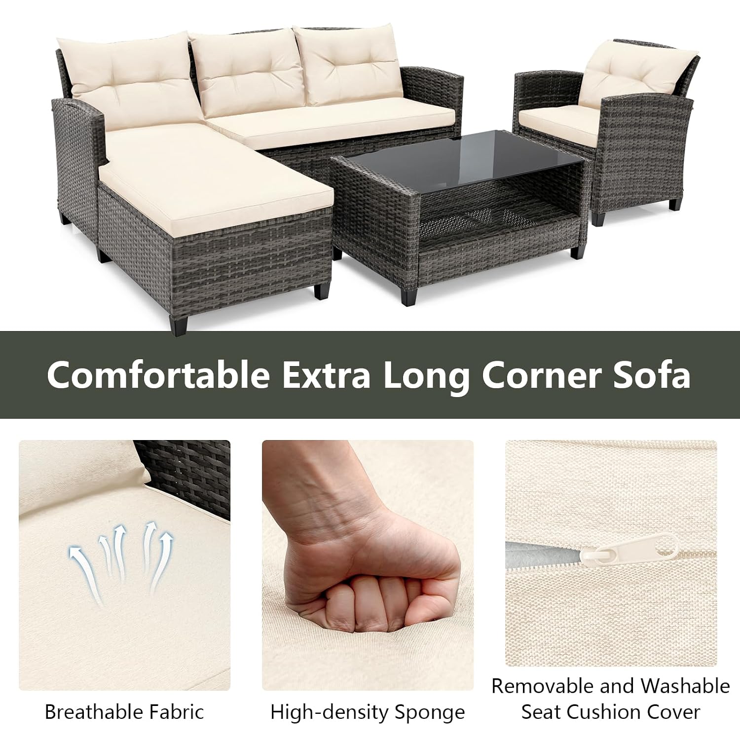 COSTWAY 4-Piece Garden Rattan Furniture Set, Patio Conversation Set with Cushions, Pillows and Coffee Table, All-Weather Outdoor Sectional L-shaped Sofa Set for Balcony Lawn... - Image 3